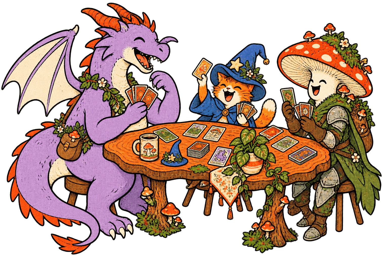 A friendly purple dragon, a cat wizard, and a mushroom knight sharing a card game.