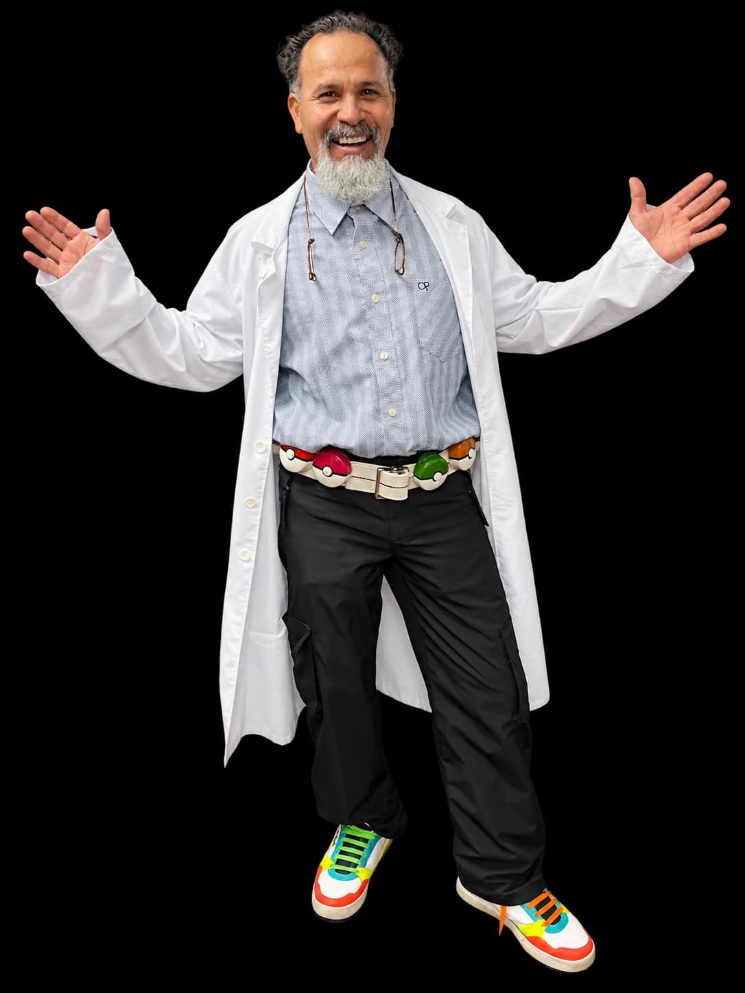 Professor Alex Meraz smiling with his arms open, wearing his Pokémon professor coat
